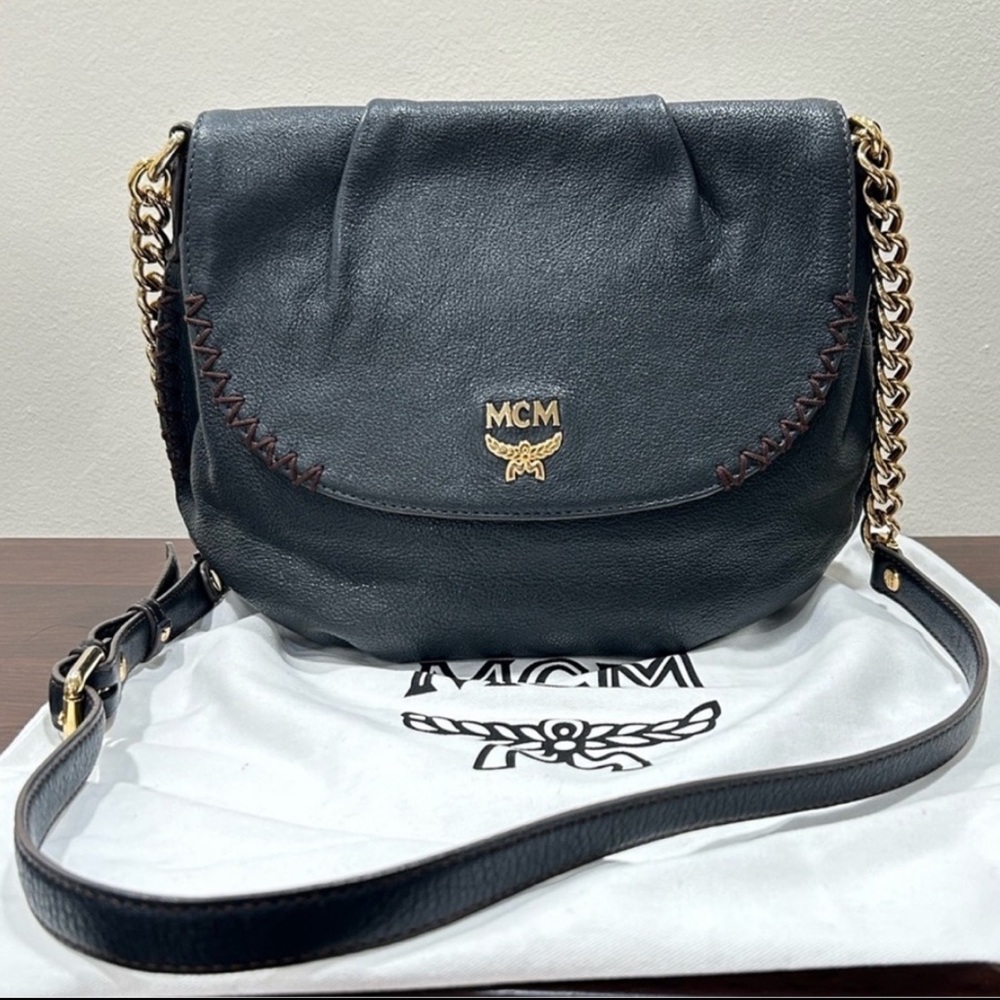 MCM charcoal leather chain strap bag